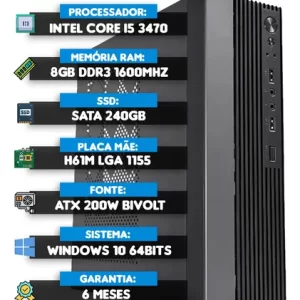KIT COMPUTADOR DE ESCRITÓRIO I5-3470, DDR3 8GB, SSD 240GB, WIFI